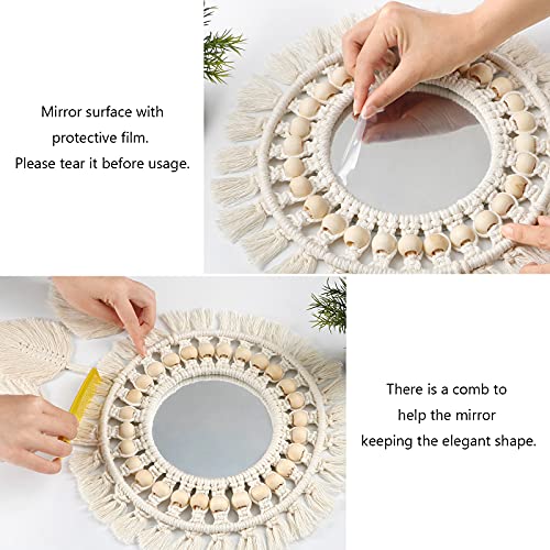 Dremisland Hanging Wall Mirror-Boho Macrame Fringe Round Decorative Mirror With Wood Beads Feather Pendant，Art Ornament For Apartment Home Bedroom Living Room #TOP5