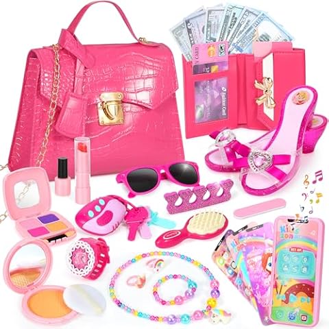 Little Girl Purse, Toddler Purse with Pretend Makeup Set, Hagpo Kids Play Purse Toys with Handbag, Heels, Princess Jewelry, Birthday Toys for Girls Ages 3 4 5 6 Cover