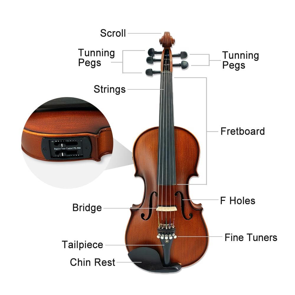 Yinfente Violino elettrico a 5 corde, in legno d'acero, con parte posteriore in abete rosso, accessori EQ con custodia rigida, archetto in legno brasiliano, colofonia, cavo AUX, panno per la pulizia