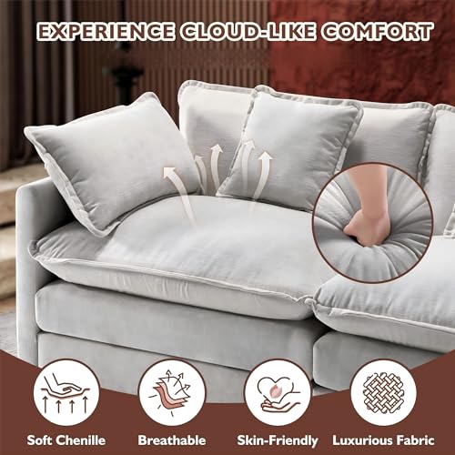 146\" U-Shaped Modern Sofa Modular Sectional Cloud Couch with 2 Ottoman, 6-Seat Chenille Deep Seat Sofa with 6 Pillows for Living Room, Bedroom and Apartment, Grey