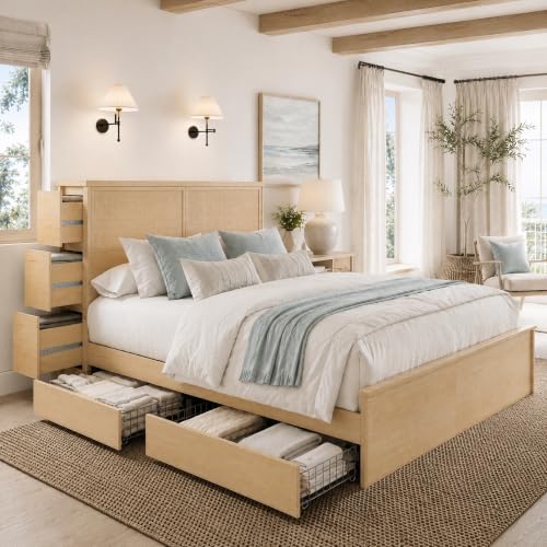 Yechen Natural Rattan Queen Bed Frame with Storage, 10 Drawers...