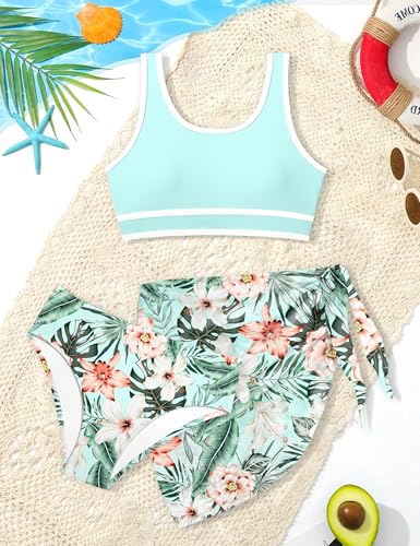 Image of Girls Swimsuit Double Strap High Waist Sporty Bikini Swimsuits Swim Cover Up Skirt 3 Piece Set