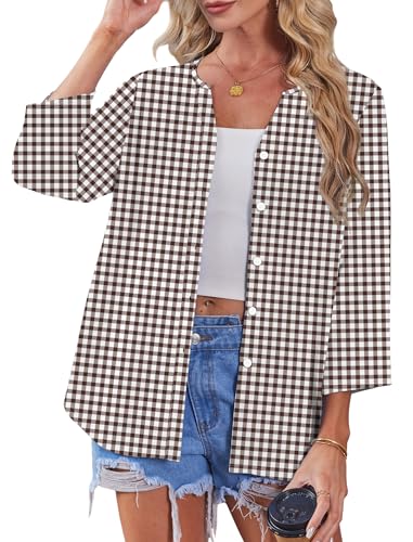 Image of OFEEFAN Button Down Shirts for Women 3 /4 Length Sleeve Tops V Neck Blouses Business Casual Outfits Loose Fit