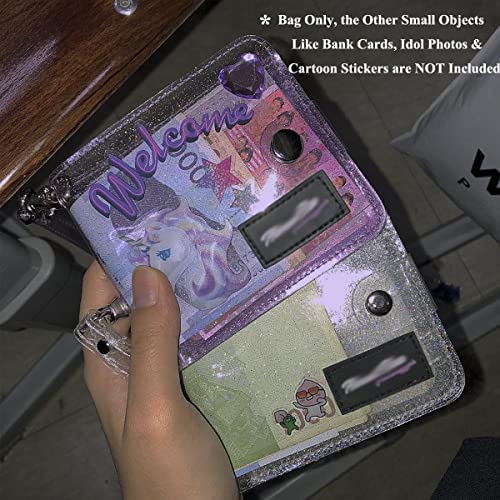 Pack of 2 Clear Bifold Wallet Small Purse, Cute PVC Jelly Wallet ID Card Case Holder with Neck Lanyard for Women Girls, Purple4