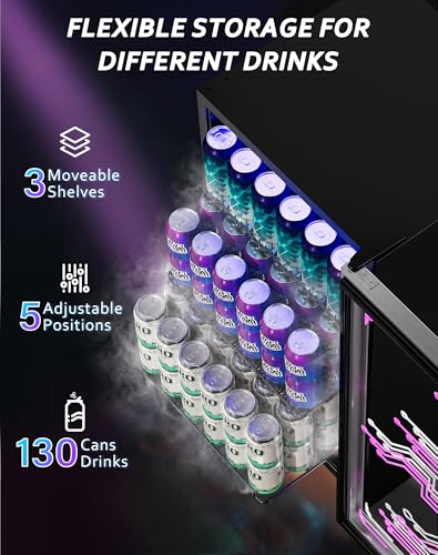Image of Tehanld 3.2 Cu.Ft Beverage Refrigerator, 130-Can LED Glass Door Fridge