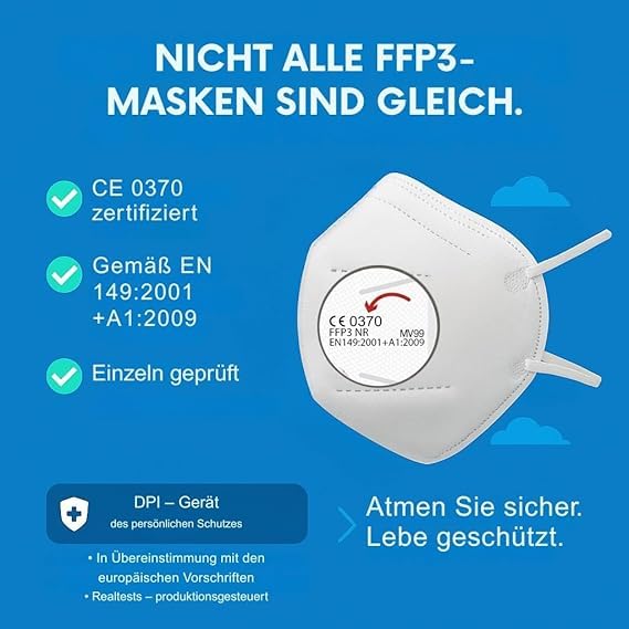 50 FFP3 Mund- und Nasenschutz Maske mit EC Zertifizierung, 5 Lagige Maske ohne Ventil, Staub- und Partikelschutzmaske, medizinische Schutzmaske mit hoher PFE-Filtereffizienz ≥ 99, 50 Atemschutzmaske