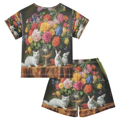ALAZA Cat Flower Bunny Rabbit Pajamas Set Short Sleeve Cotton Sleepwear Summer Pjs 2 Piece 5-14Y2