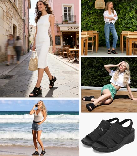 Image of Womens Wedge Sandals Platform Walking Sandals Open Toe Ankle Elastic Strap Casual Comfortable Summer Dressy