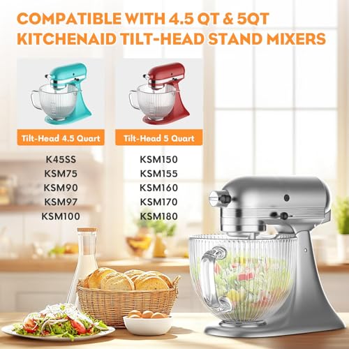 Image of Cofun Glass Mixer Bowl for Kitchenaid Tilt-Head Stand Mixers 4.5-5 Quart, 5 qt Mixing Bowl Replacement for Kitchen aid with Measurement Markings,Handle