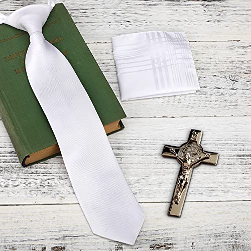 Geyoga 2 Pieces Boys Communion Tie and Hanky Set Include Tie and Folded Handkerchief with Cross Pattern for Baptism4