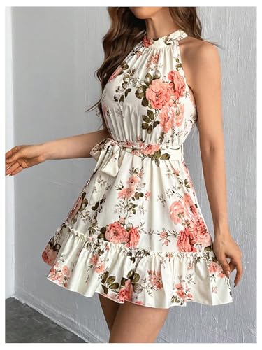 SOLY HUX Women's Elegant Floral Print Halter Dress Sleeveless Ruffle A Line Flowy Mini Dresses with Belt3