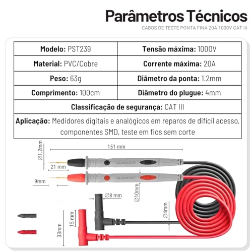 Cabo De Multímetro Ponta De Prova Sonda Agulha 1000V 20A P1502 Smd