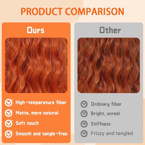 Image of Pastel Ginger Wavy Bob Wig for Women, Short Shoulder Length Synthetic Wig with Bangs, Matte Natural Realistic Look Lightweight Hairpiece, Ginger Color for Daily Wear & Cosplay Costume