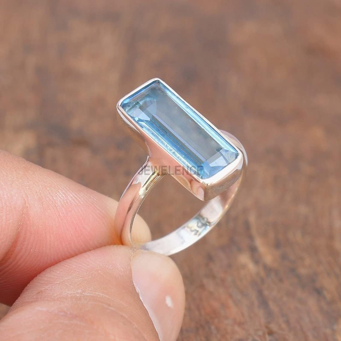 Solid 925 Sterling Silver Ring For Womens Natural Blue Topaz Ring Sterling Silver Art Deco Ring December Birthstone Bezel Set Gemstone Bar Ring - Image 2