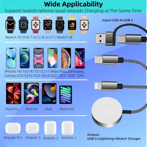 3 in 2 USB C Charger Cable for Apple Watch/iPhone/Airpods, Multi Wireless Fast Charger Compatible with iWatch Ultra/SE/10,9,8,7,6,5,4,3,2,1 and iPhone 16,15,14,13,12,11,Galaxy S23