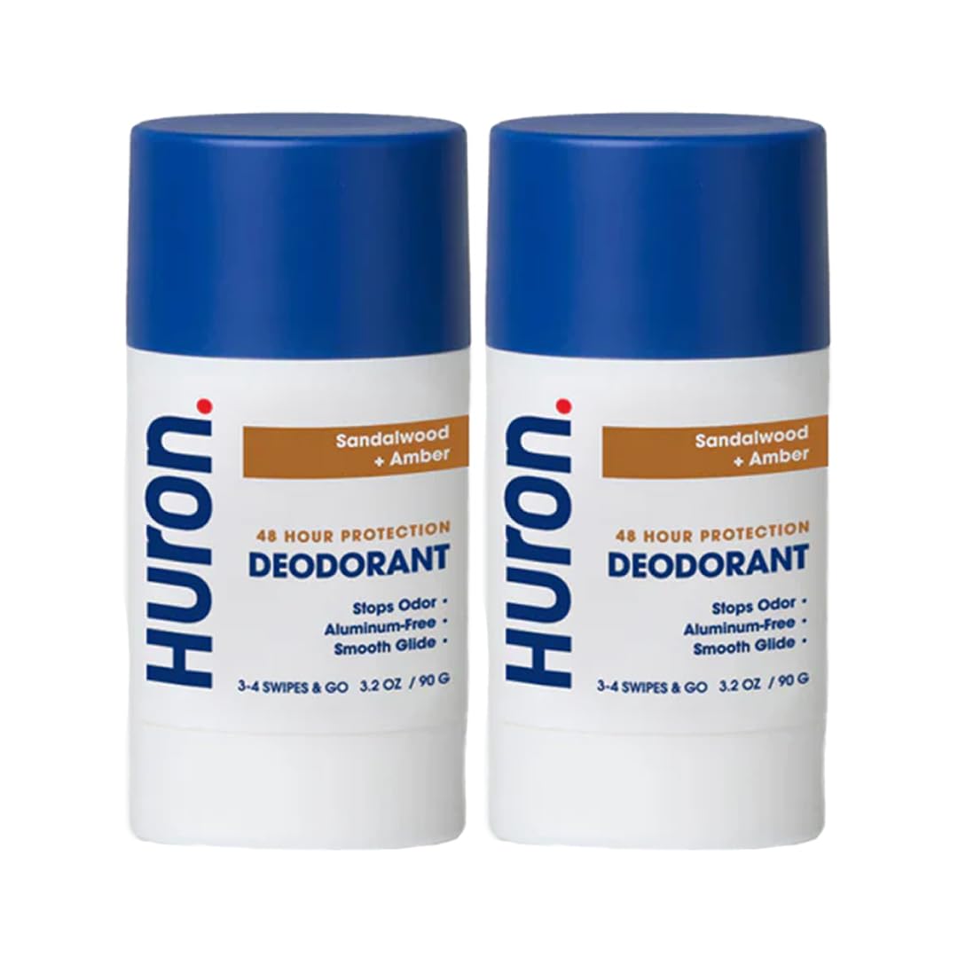 Huron Aluminum-Free Deodorant for Men - Clean & Woody Scent of Sandalwood & Amber - Neutralizes Odor for All-Day Protection - Non-Irritating - 3.2 Oz (2 Pack)