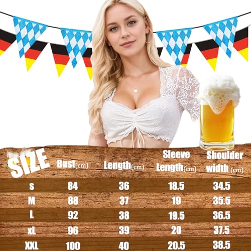 Ahigh Dirndl Bluse Damen Weiße Dirndlbluse Elegant mit V-Ausschnitt, Trachtenbluse für Dirndl, Dirndlblusen Spitze und Kariertes Design, Damen Bluse für Oktoberfest (S)