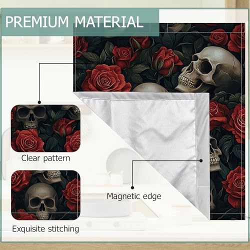 Image of Halloween Skull Refrigerator Magnet Cover,Gothic Red Rose Flower Washable Dishwasher Magnets Decorative Cover,Home Kitchen Decorative Dishwasher Front Panel Cover 23x26 Inch