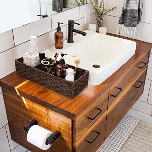 [Larger Compartments] Toilet Tank Topper Paper Basket - Multiuse Hand Woven Plastic Wicker Basket With Divider For Organizing, Rustic Farmhouse Bathroom Decor, Countertop Organizer Storage, Brown #TOP5