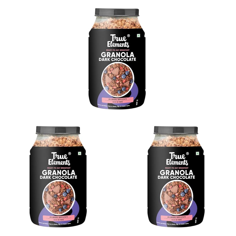 True Elements Crunchy Granola Dark Chocolate 900g - Granola for Breakfast | 23% Berries, Seeds & Almonds | 100% Wholegrain Cereal | Healthy and Tasty Breakfast (Pack of 3)-image-4