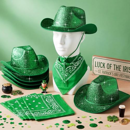 Image of Coume 12 Pcs Sparkly Adults Cowboy Hat and Bandanas Women Men Western Glitter Cowgirl Party Hats with Adjustable Drawstring