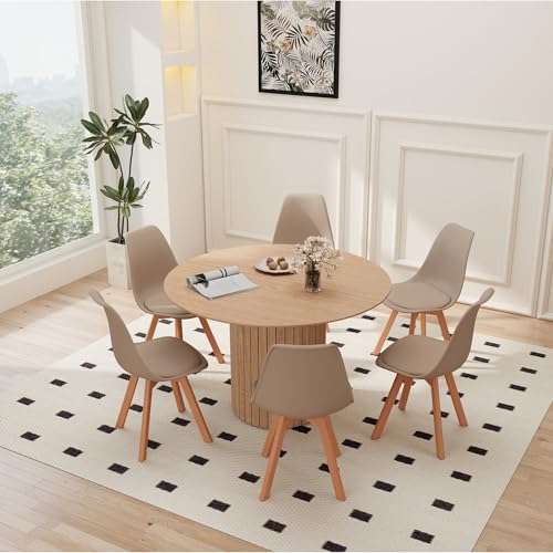 HJhomeheart Table à Manger Ronde de 120 cm avec 6 Chaises, Table de Cuisine Ronde en Bois, Panneau MDF, Chaises de Cuisine à Dossier en Plastique, pour 4 à...