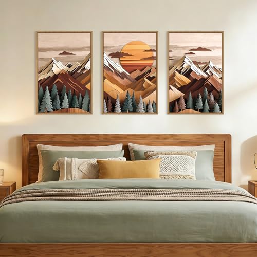 Image of KAIRNE Woodcut Style Mountain Framed Canvas Wall Art Set,Wooden Pine Tree Wall Decor,Vintage Forest Landscape Art Prints,Nature Sunrise Artwork for Living Room,Bedroom,Farmhouse,Office-24 x36 x3