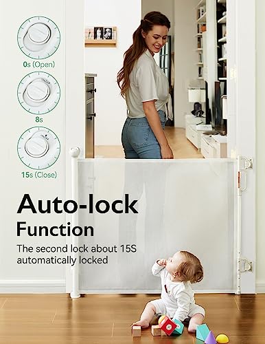 Momcozy Automatischer Verriegelung Treppenschutzgitter Ausziehbar für Baby, Haustier Türschutzgitter, Kinderschutzgitter, Einhändig Öffnen,0-140 cm, Geeignet für Treppen/Türen/Innen & Außen