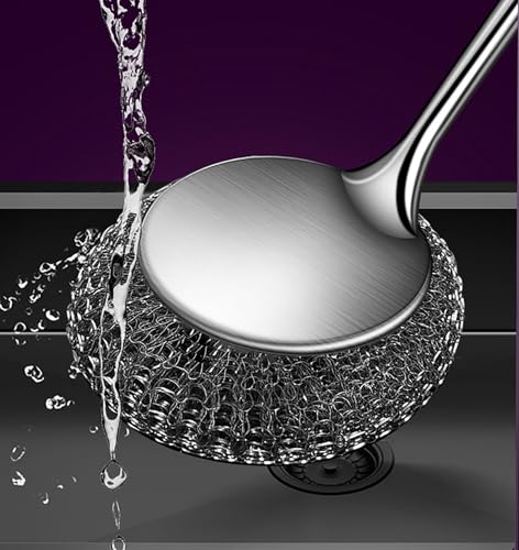 Image of Long Handle Steel Wire Ball, Bold and Thickened 14.5 Inch Stainless Steel Ball Brush and 2 Additional Wire Balls for Pot, Bottle and Closestool (Wood)