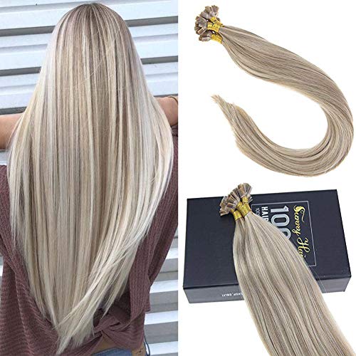 Sunny 14inch Prebonded Flat Tip Hair Extensions Golden Blonde with Blonde Keratin Fusion Hair Extensions 1g/strand 50G