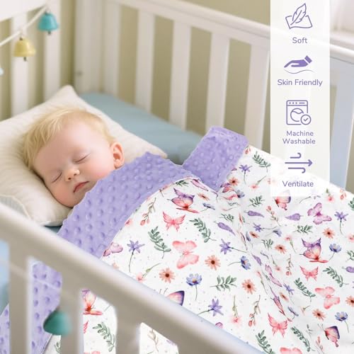 Image of Pea Pod Baby Girls Blanket Soft Butterfly Minky Blanket for Newborn, 30'' x 40'' Double Layer Design, Dotted Backing Warm Baby Quilt Crib Blanket for Nursery /Stroller /Toddler Bed /Baby Car Seat