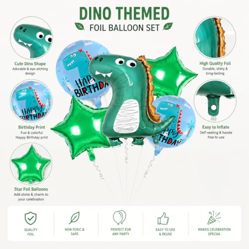 Image of Dinosaur Theme Foil Balloon Set for Birthday Decoration, Set of 5