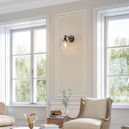 Image of PERMO Industrial Black Wall Sconce with On /Off Switch and Funnel Flared Clear Glass Shade for Living Room Bathroom Bedroom