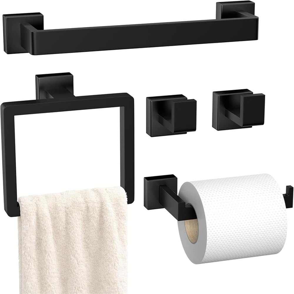 VVW&LIU 5-Piece Matte Black Bathroom Hardware Set, SUS304 Stainless Steel Towel Bar Wall Mounted,Matte Black