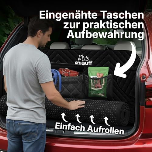 Miauff Kofferraumschutz Hund – Premium-Qualität & modernes Design - Wasserdicht & Kratzfest – Auto Hundedecke mit Tasche – Kofferraum Schutzmatte mit Ladekantenschutz Schondecke (gesteppt)