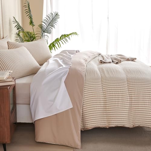 Image of Beige Striped Comforter Set Queen - 3 Pieces Bedding Comforter Set for All Season, Soft Lightweight Washed Microfiber, 1 Striped Comforter and 2 Pillowcases (Beige, Queen Size)