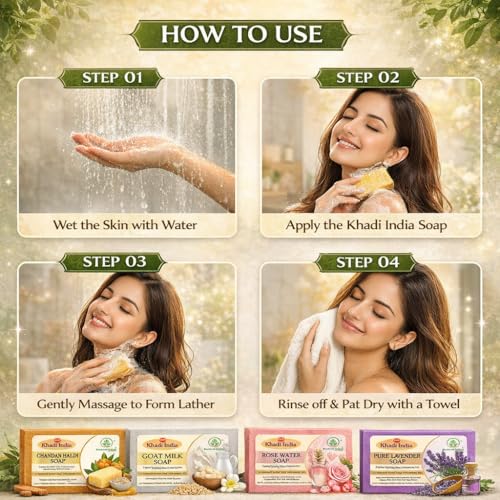 Image of Khadi Organic and Natural Handmade Bathing Soap for Men & Women | Assorted Herbal & Chemical-Free Face and Body Soap for Gentle Cleansing & Healthy Skin (Mixed soap (Pack of 4))