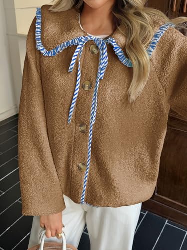 Tankaneo Womens Fuzzy Fleece Jacket Peter Pan Collar Button Down Fall Winter Sherpa Coats Colorblock Cute Warm Outerwear2