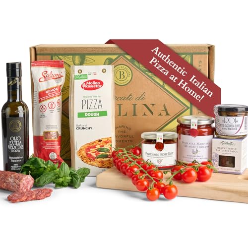 Mercato di Bellina Ultimate Pizza Making Kit Gift Basket - Italian Organic Pizza Crust Mix, Tomato Sauce, Truffle Sauce, Olives, Tomatoes, Salami, Extra Virgin Olive Oil From Italy, Birthday Gifts