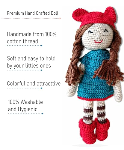 Image of Clapjoy Crochet Handmade Doll Toy with Removable Dress | Soft Cotton Knitted Doll for Girls | Pretend Play, Gift & Room Decor (Blue Dress Doll)