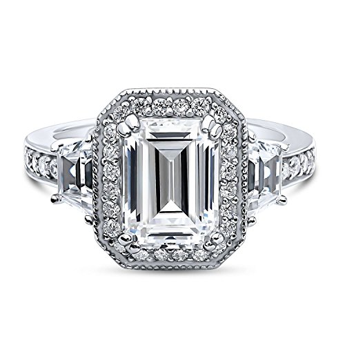 BERRICLE Sterling Silver Halo Wedding Engagement Rings Emerald Cut Cubic Zirconia CZ Statement Ring for Women, Rhodium Plated2
