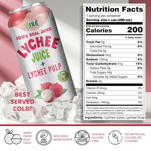Image of VINUT 100% Natural Lychee Juice Drink with Pulp, Real Lychee Juice, Gluten Free, GMO-Free, 16.57 fl oz, Pack of 6