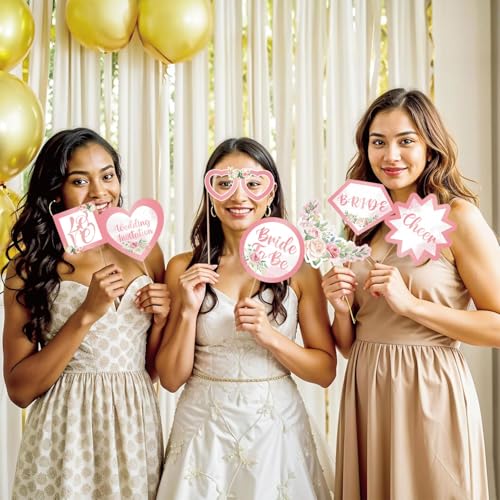 Image of Wedding Photo Booth Props, Bachelorette Party Decorations, Engagement Party Decorations in Rose Gold, Pink with Glitter 18 pcs Pre-Assembled Funny Props