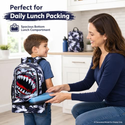 Image of 2 In 1 Shark Backpack for Boys, 17 inch Kids Bookbag with Lunch Box, School Backpacks for Elementary Preschool Kindergarten (Black)