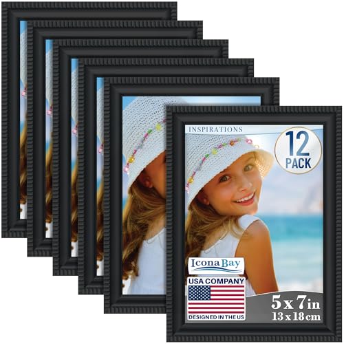 Icona Bay 5x7 Picture Frames (Black, 12 Pack), Beautifully Detailed Molding, Contemporary Picture Frame Set, Wall Mount or Table Top, Inspirations Collection