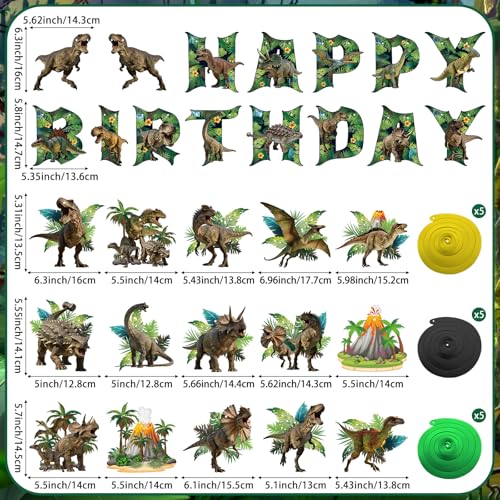 Image of Hooqict Happy Birthday Banner Dinosaur Birthday Decorations with 15Pcs Dinosaur Hanging Swirl Ceiling Streamers for Kids Boys Jungle Safari Green Dino Themed Party Decorations Supplies