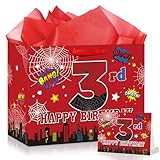 Spider 3rd Birthday Gift Bag for Boys, Large Red Black Third Happy Birthday Bags with Tissue Paper and Greeting Card for Kids 3 Years Old Spider Web Cartoon Party Decorations Supplies Favors Decor