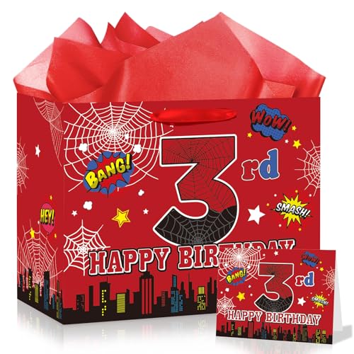 Spider 3rd Birthday Gift Bag for Boys Large Red Black Third Happy Birthday Bags with Tissue Paper and Greeting Card for Kids 3 Years Old Spider Web Cartoon Party Decorations Supplies Favors Decor
