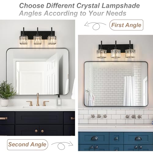 Image of Black Bathroom Vanity Light, 3-Lights Crystal Bathroom Lights Over Mirror, Modern Wall Light Fixtures with Crystal Square Shade