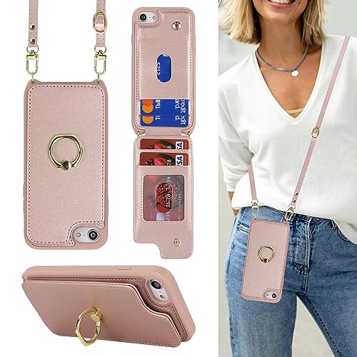 Image of for iPhone 7 /8 /SE 2020 /SE 2022 Case with Card Holder and Strap for Women,Crossbody Lanyard,Kickstand Ring Stand,Snap Clasp,Phone Wallet Cases 4.7 inch(Rose Gold)